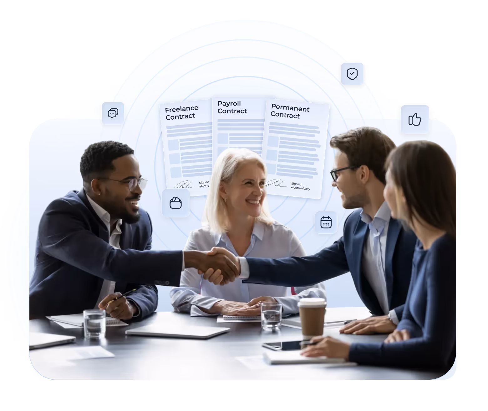 Four business professionals shaking hands and smiling at a meeting table with contract documents and icons in the background.