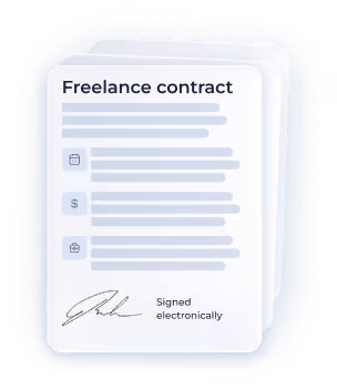 Stack of freelance contract documents with icons for calendar, payment, and briefcase, signed electronically.