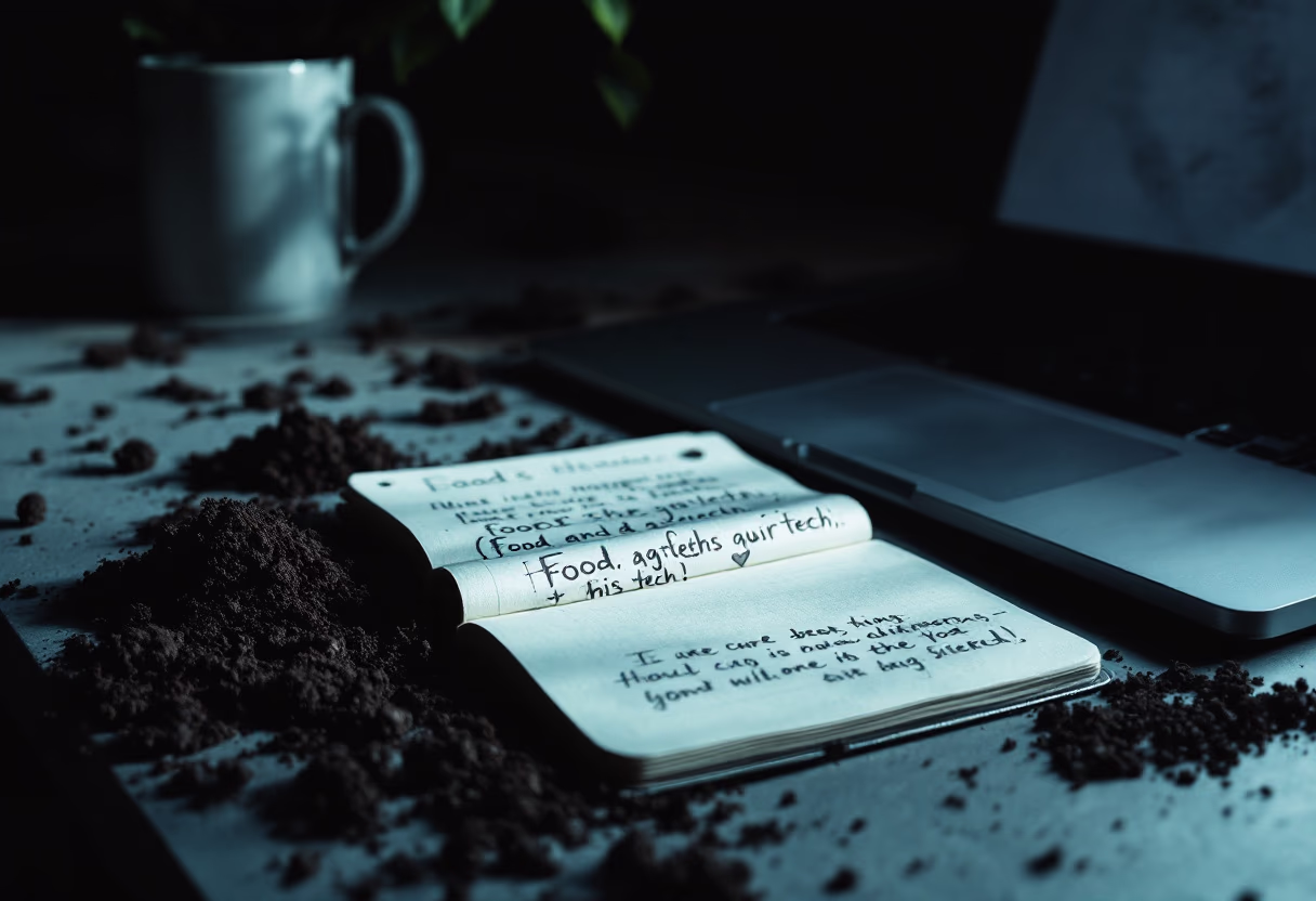 [background image] image of topdown photo of desk with laptop (for a food and agtech)