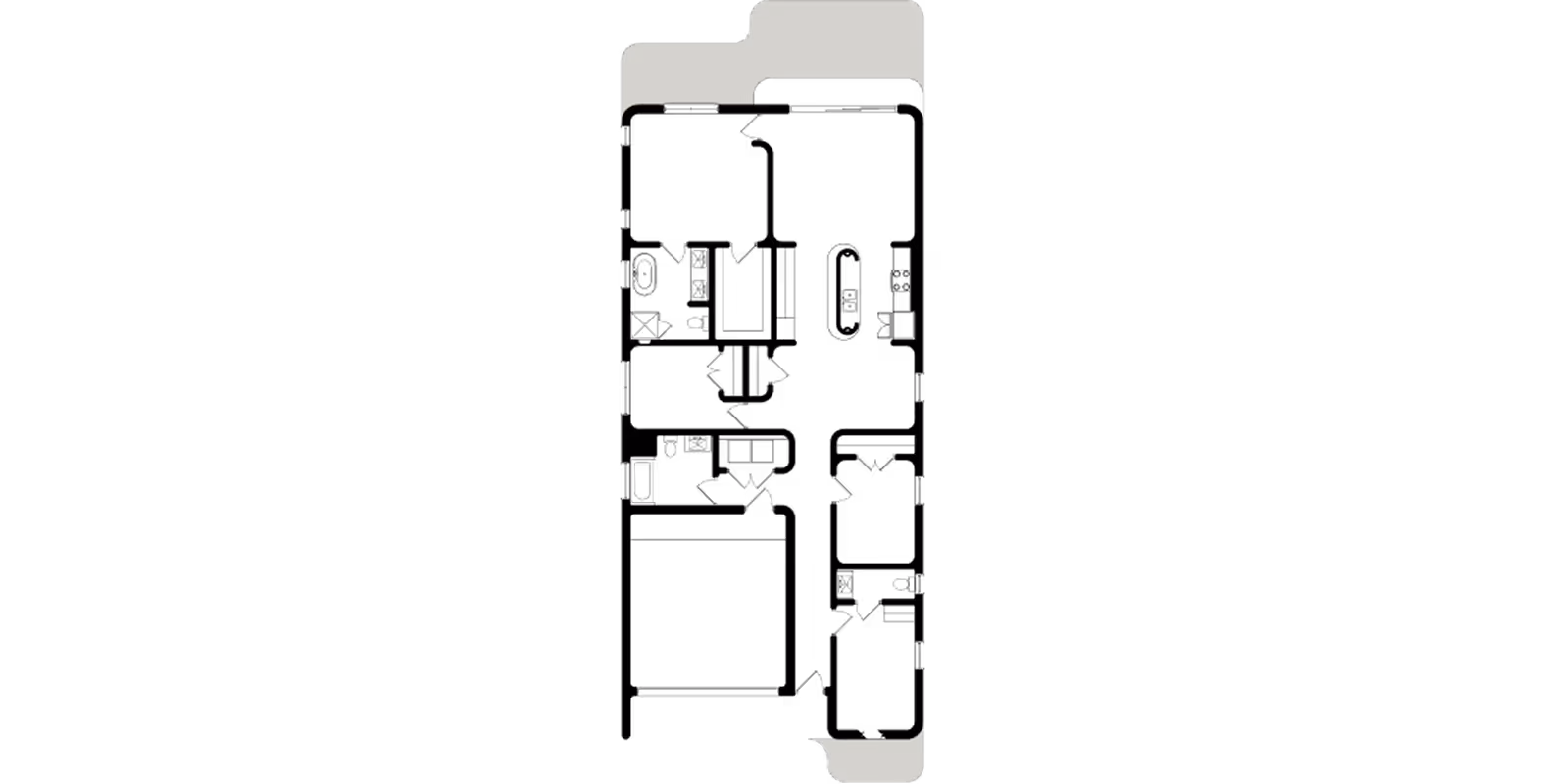 Dark background with small white lines and gray rounded tabs at top and bottom