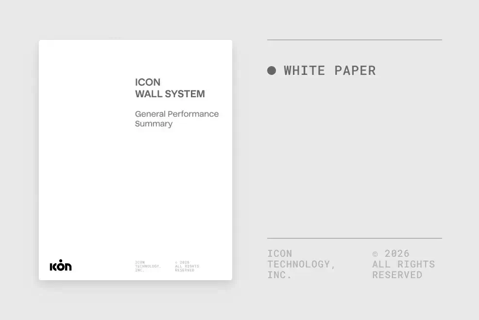 White paper cover titled ICON wall system general performance summary with ICON logo