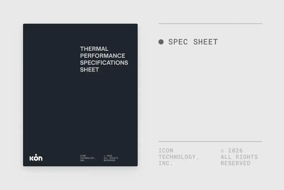 Dark spec sheet cover titled thermal performance specifications sheet with Icon logo