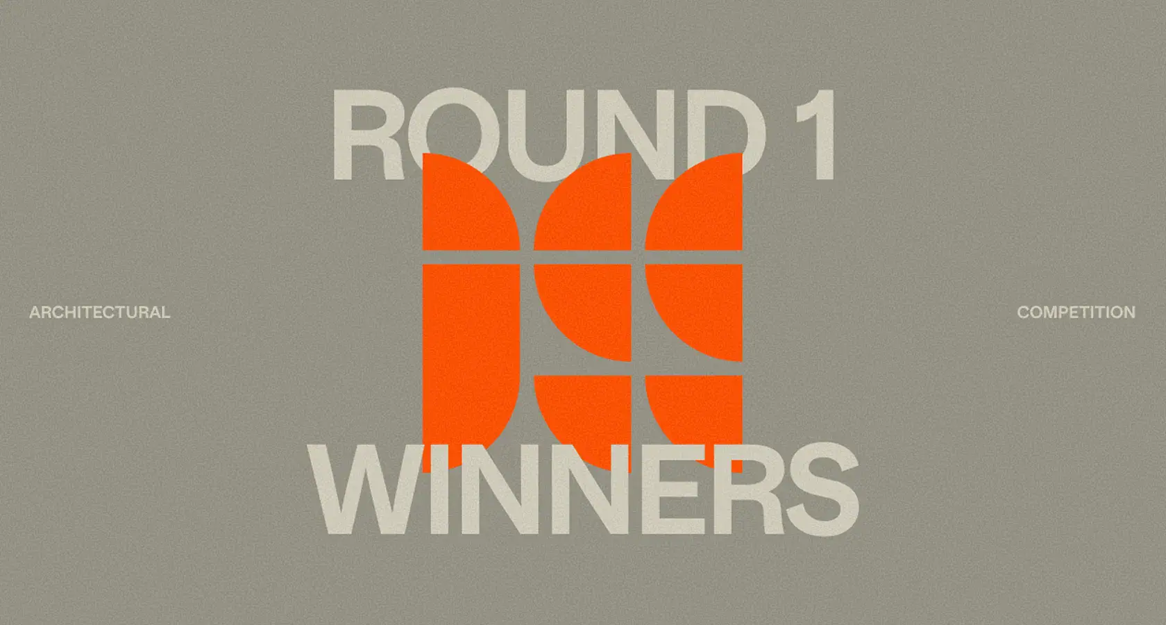 Round 1 winners text with orange geometric shapes on gray background