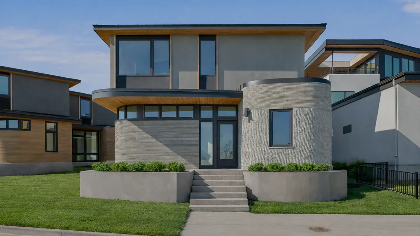 Modern two-story home with curved 3D-printed concrete facade and central glass entry