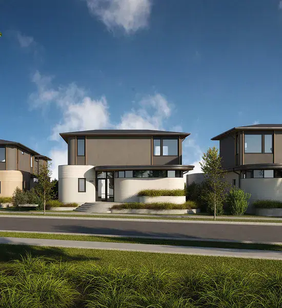 Modern two-story house with curved white lower walls and brown upper level