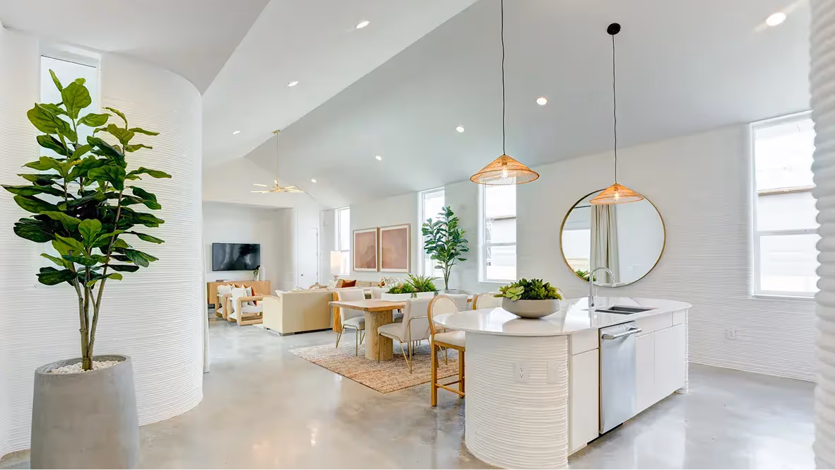 Open-plan modern kitchen and living area with curved textured wall, island, dining table, and plants