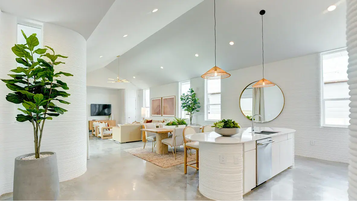 Open-plan modern kitchen and living area with curved textured wall, island, dining table, and plants