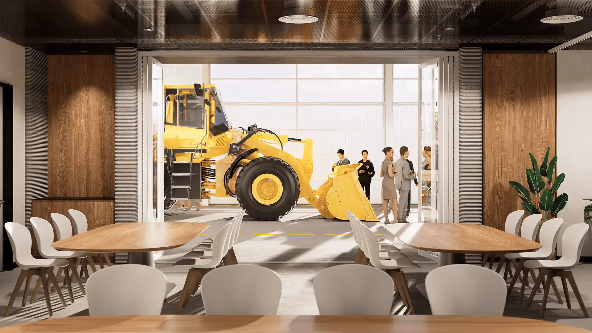 Conference room with wooden tables and white chairs, yellow front loader and people in adjacent space