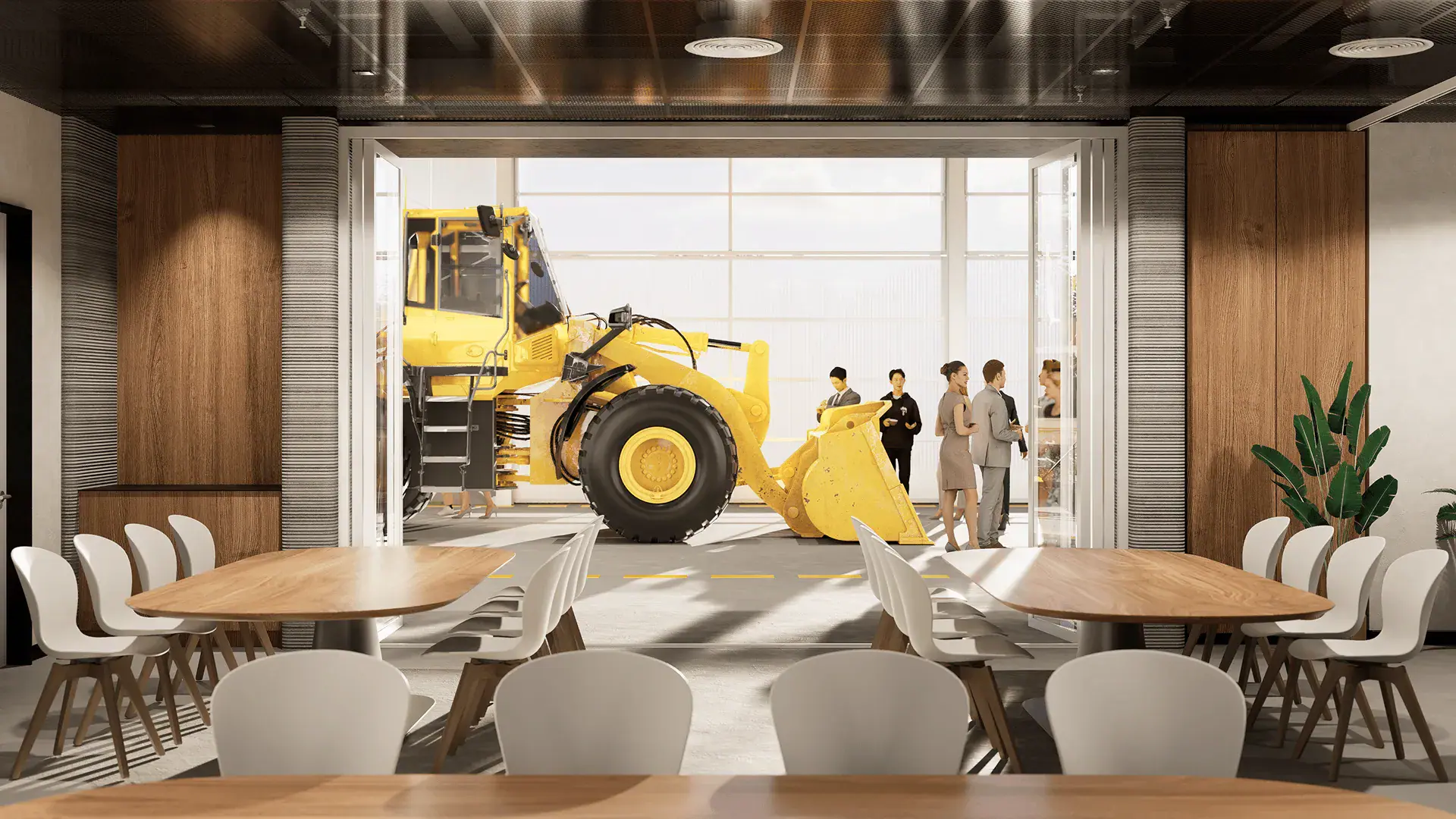 Conference room with wooden tables and white chairs, yellow front loader and people in adjacent space
