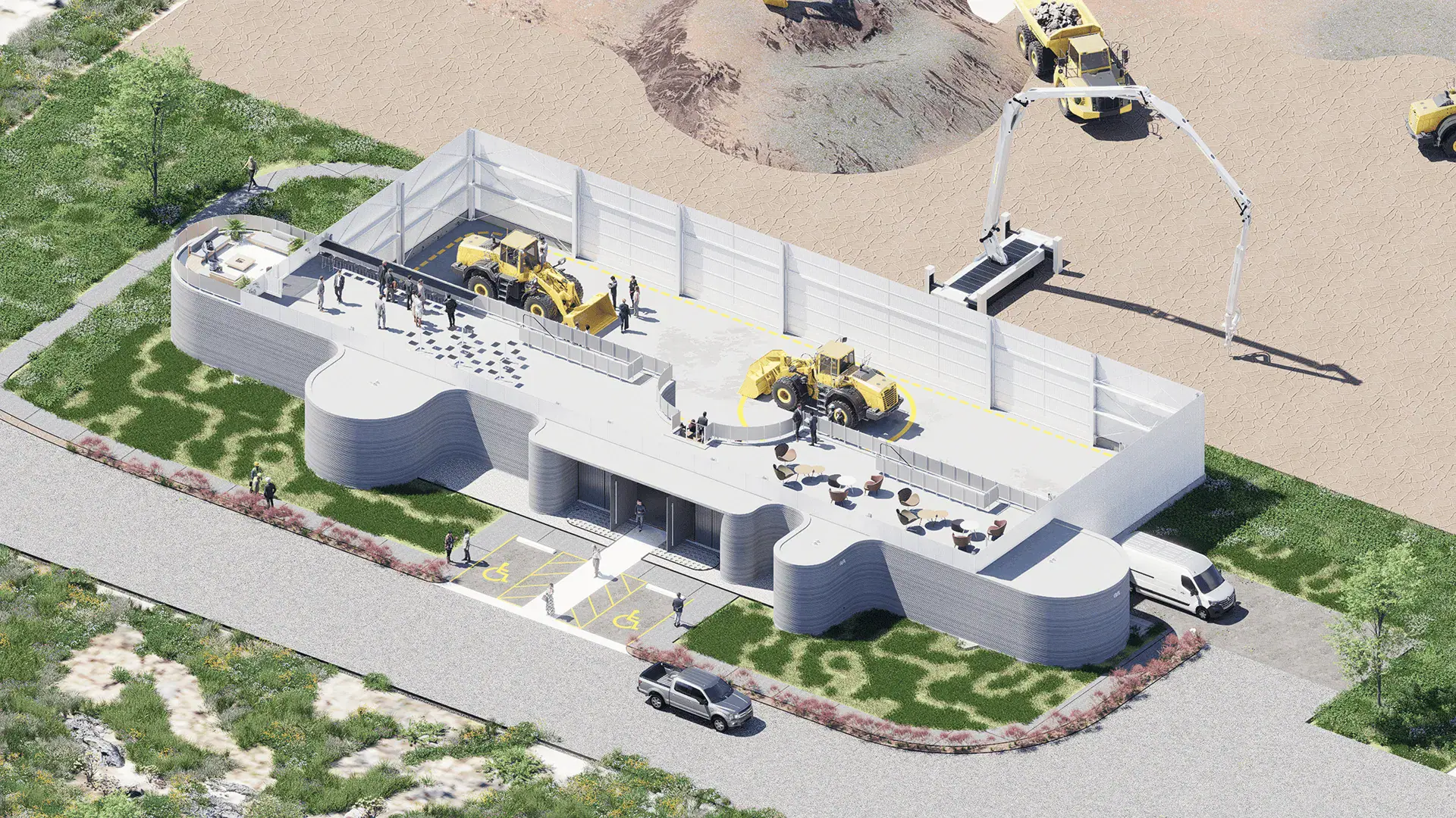 Aerial view of a 3D-printed building with curved walls, rooftop heavy equipment, and vehicles