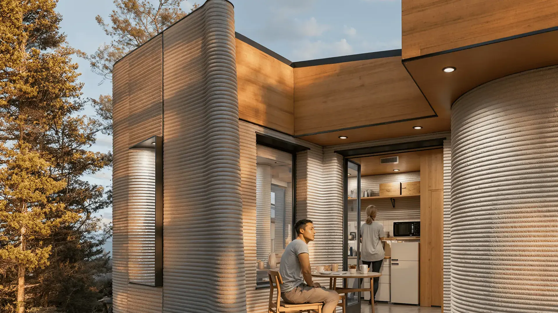Person seated at outdoor table beside a 3D-printed ribbed concrete home with another person in the kitchen