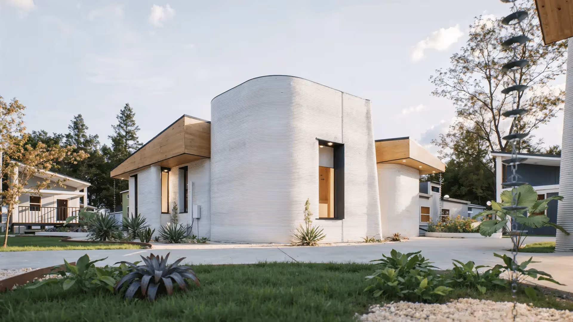 Curved 3D-printed white house with wood roof accents and landscaping