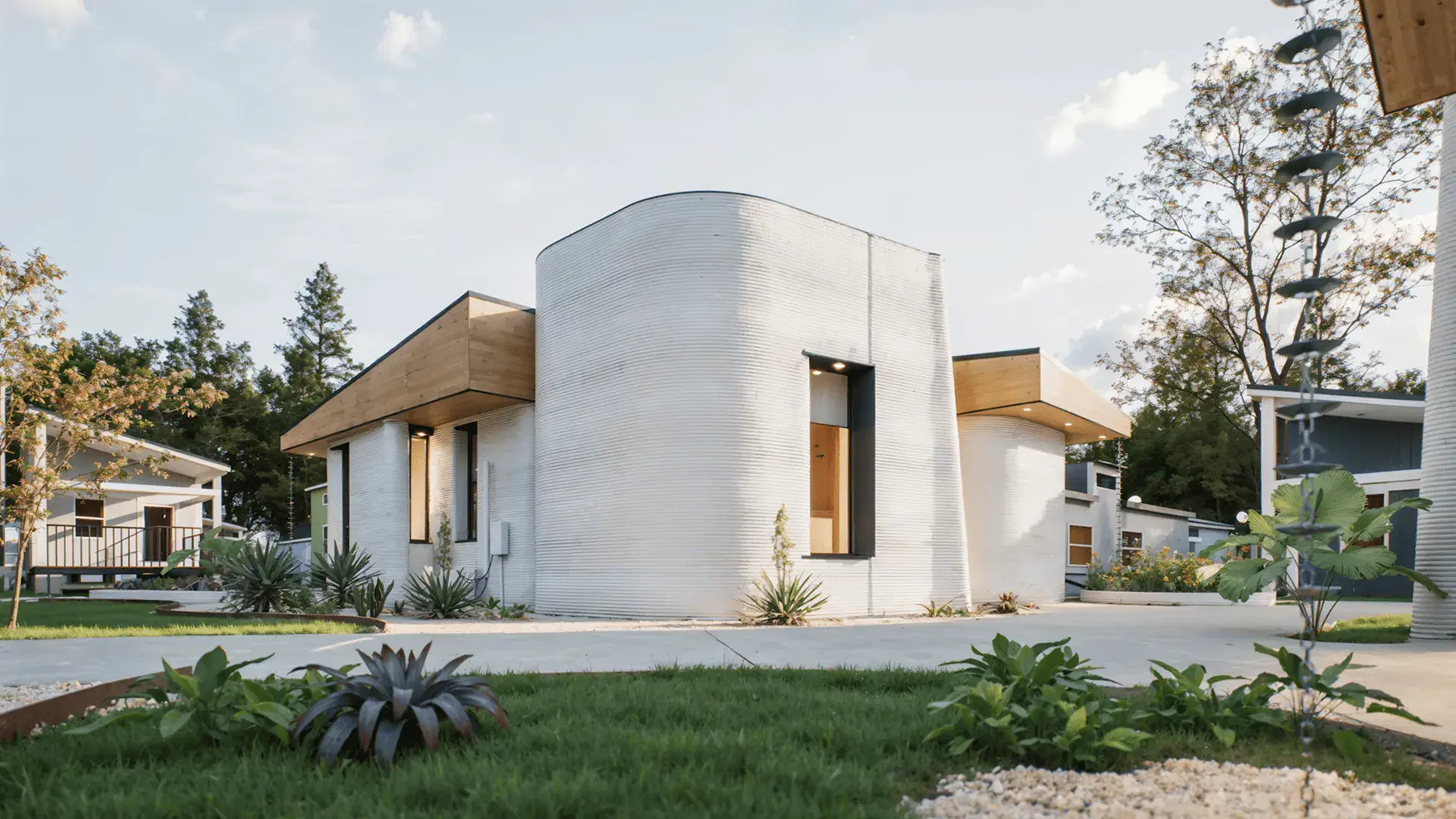 Curved 3D-printed white house with wood roof accents and landscaping