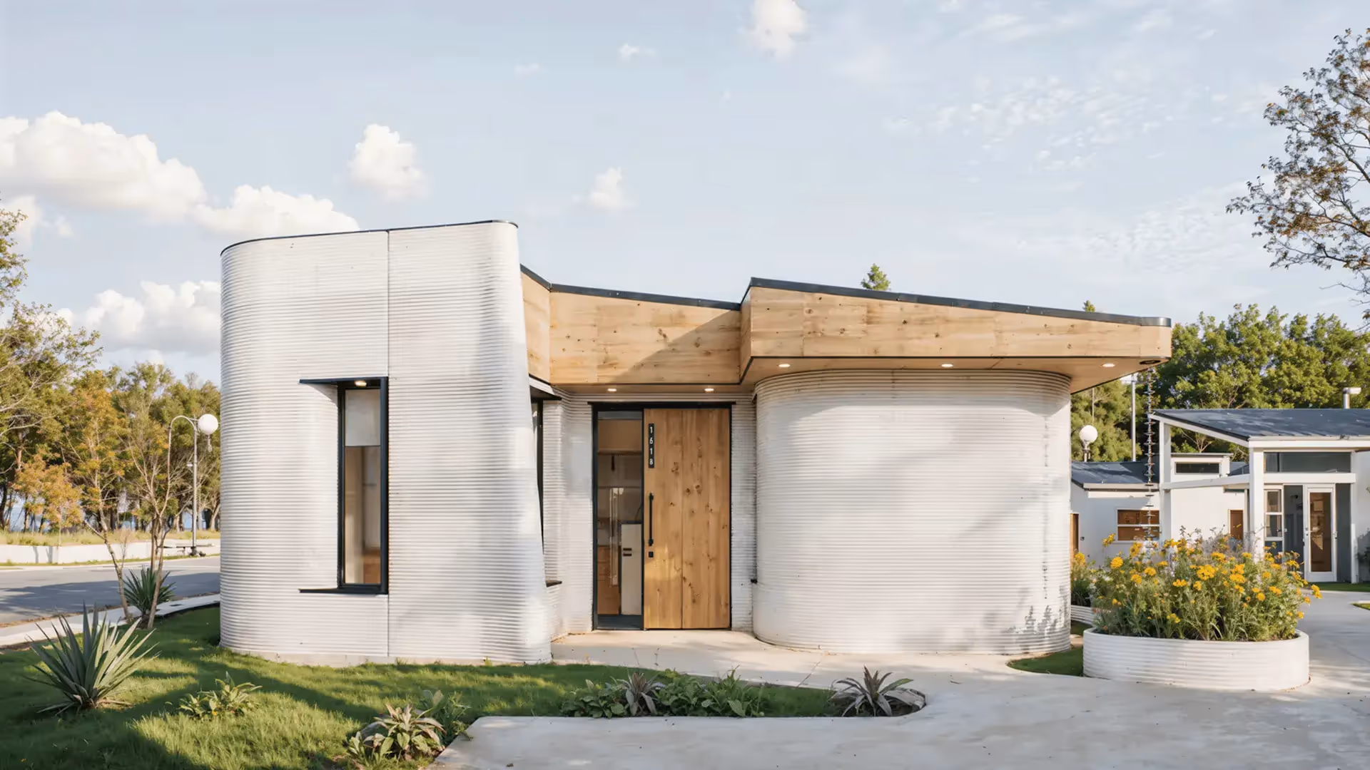Modern home with curved white ribbed exterior and wooden front door