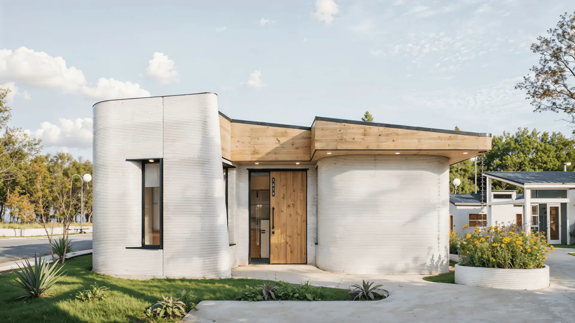 Modern home with curved white ribbed exterior and wooden front door