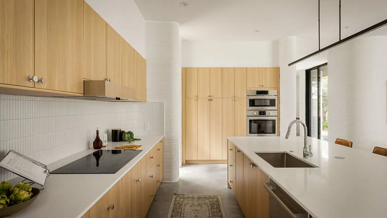 Modern kitchen with light wood cabinets, white countertops, island sink, and built-in ovens
