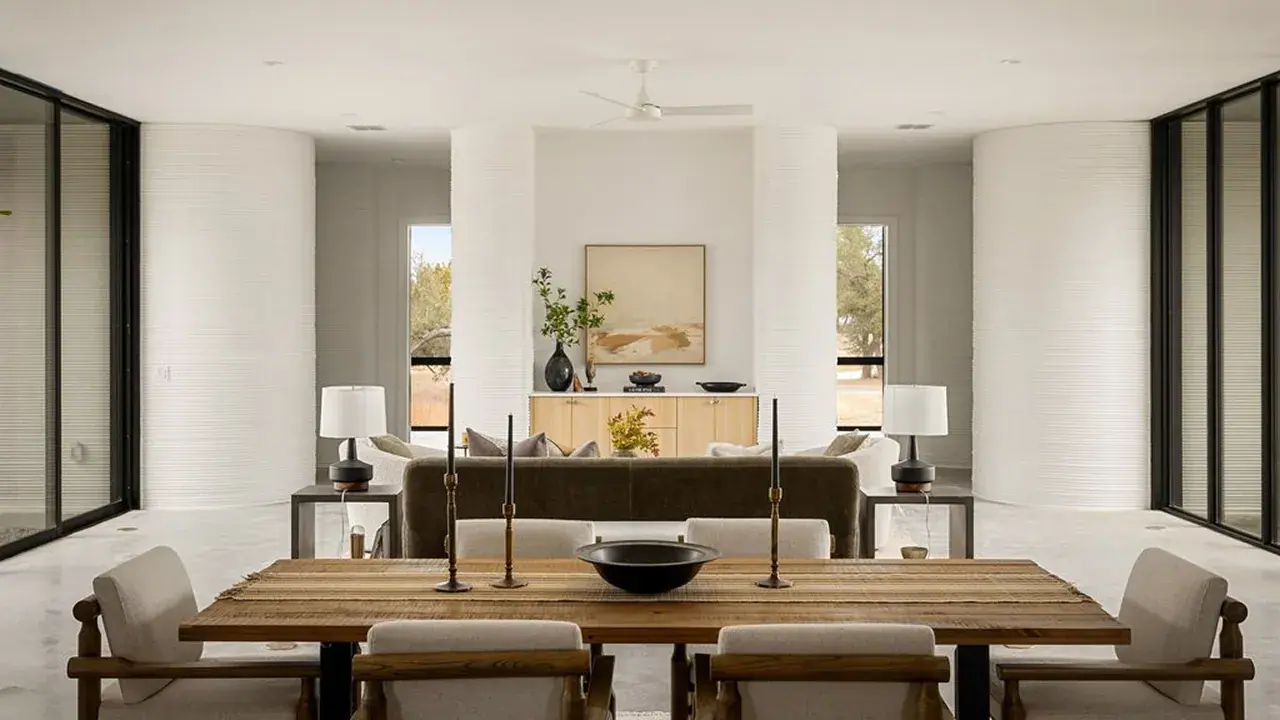 Open living and dining room with wooden table, candlesticks, sofa, console, and layered white curved walls