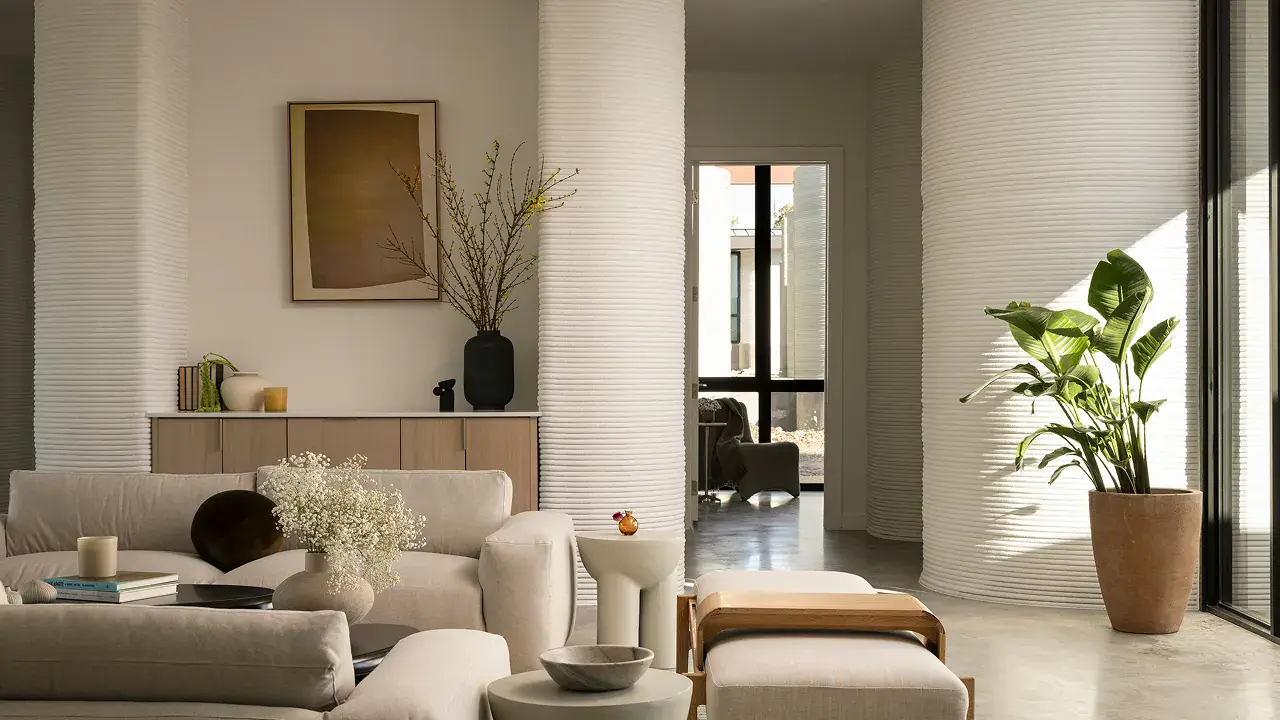 Living room with ribbed cylindrical columns, beige sectional sofa, coffee table, and potted plant