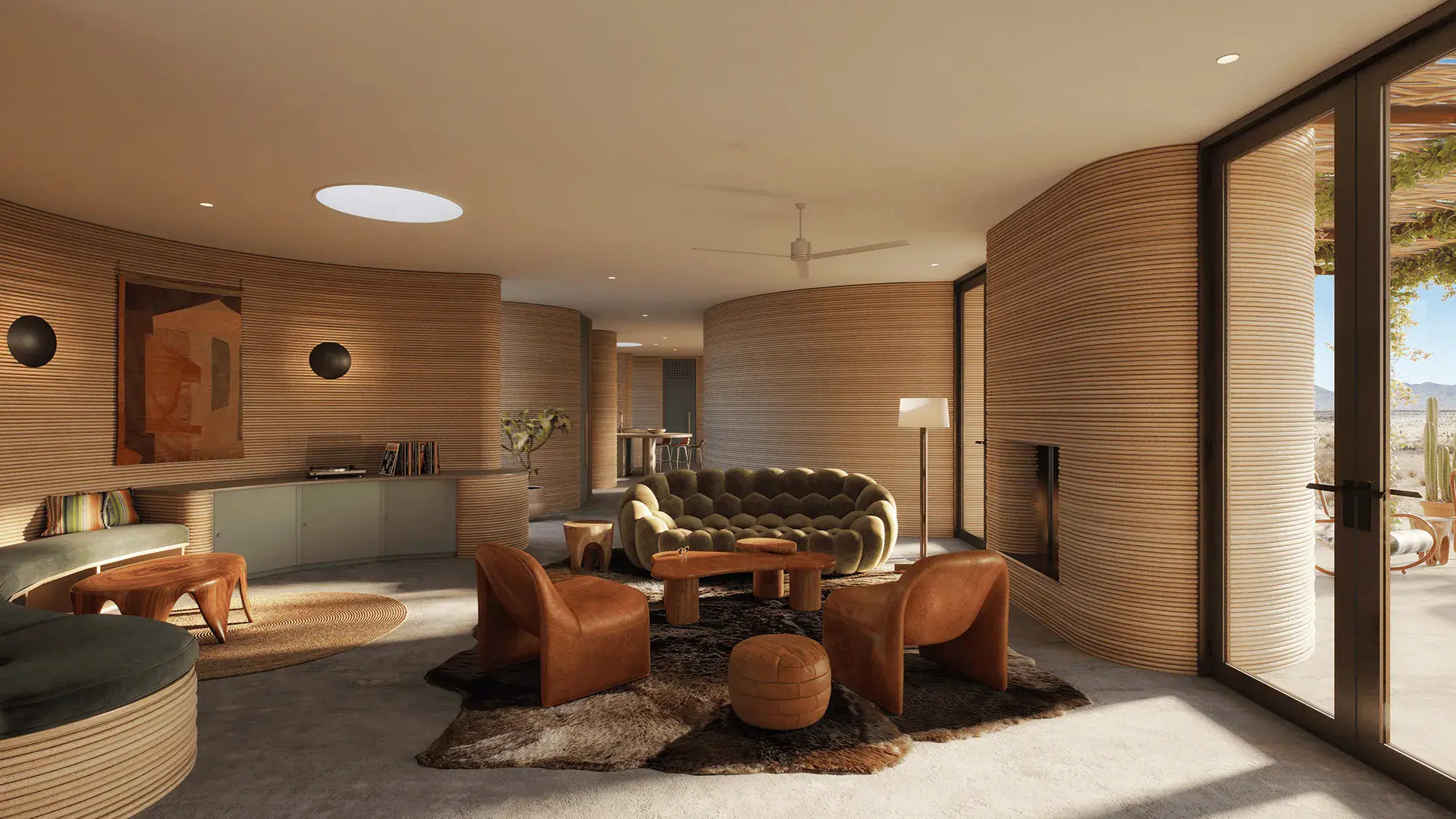 Curved living room with ribbed walls, tufted green sofa, leather chairs, wooden tables, and large windows
