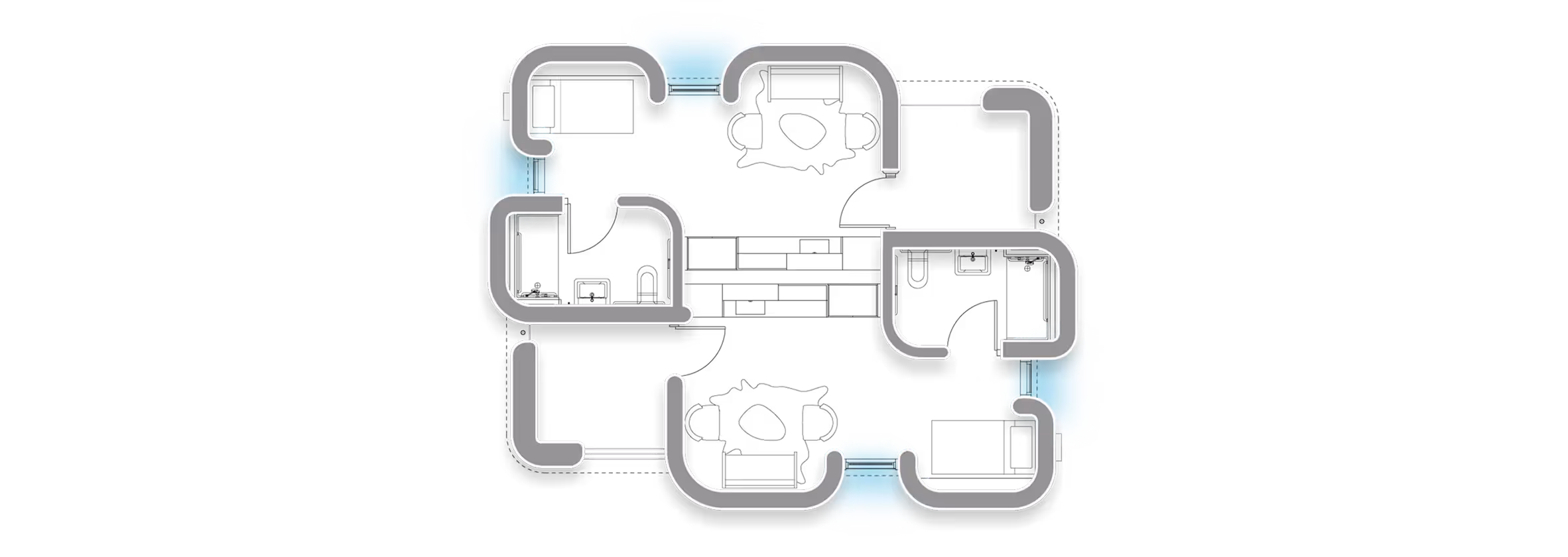 Simplified floor plan outline with rounded room shapes on a black background