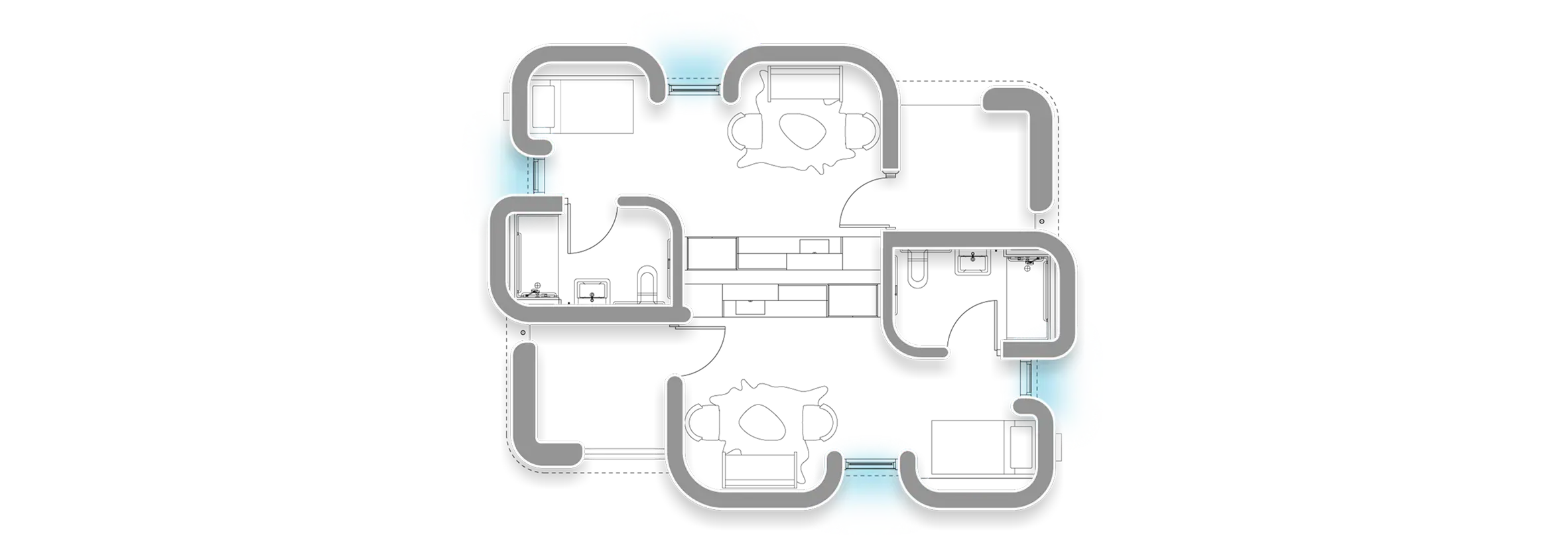 Simplified floor plan outline with rounded room shapes on a black background