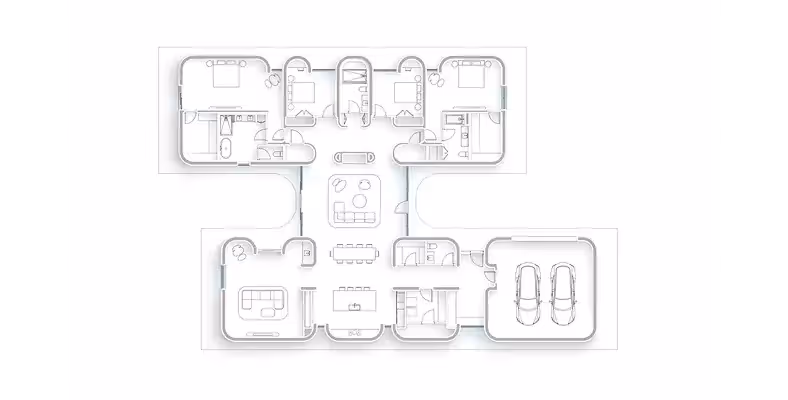 Floor plan of single-story home with central living space, bedroom wings, and two-car garage