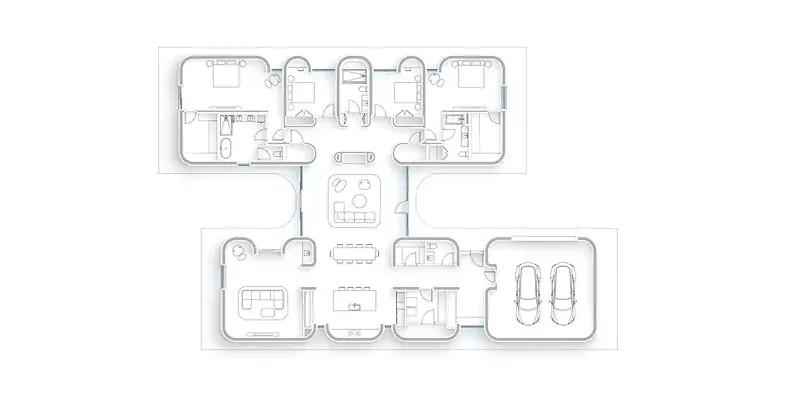 Floor plan of single-story home with central living space, bedroom wings, and two-car garage