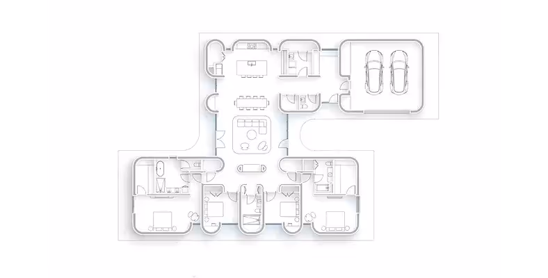 Floor plan of single-story home with central living area and two-car garage