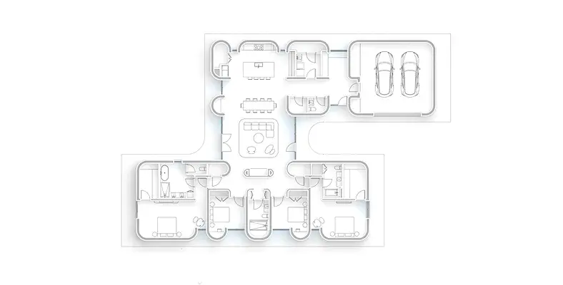 Floor plan of single-story home with central living area and two-car garage