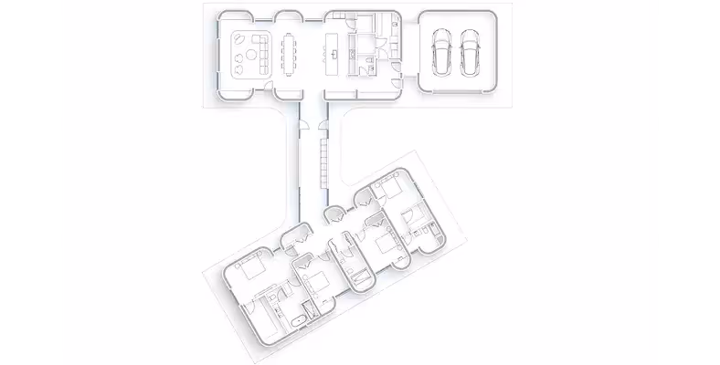 Floor plan of a modular home with main living area, two-car garage, and bedroom wing