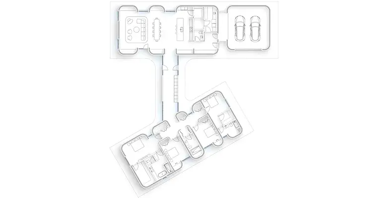 Floor plan of a modular home with main living area, two-car garage, and bedroom wing