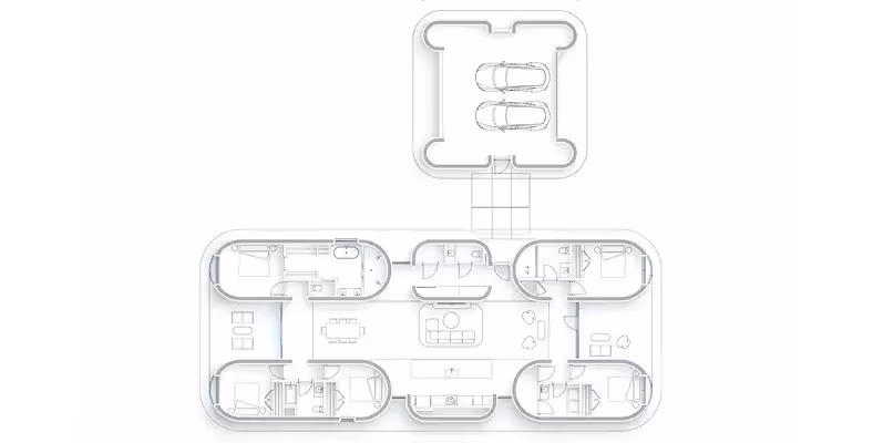 Top-down floor plan of modular house with rounded rooms and detached garage connected by walkway