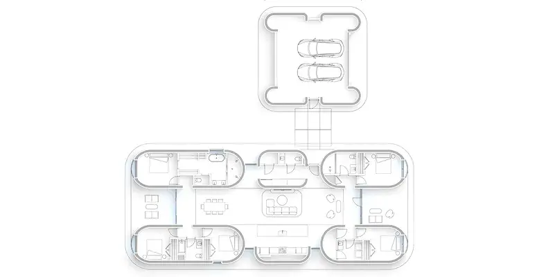 Top-down floor plan of modular house with rounded rooms and detached garage connected by walkway