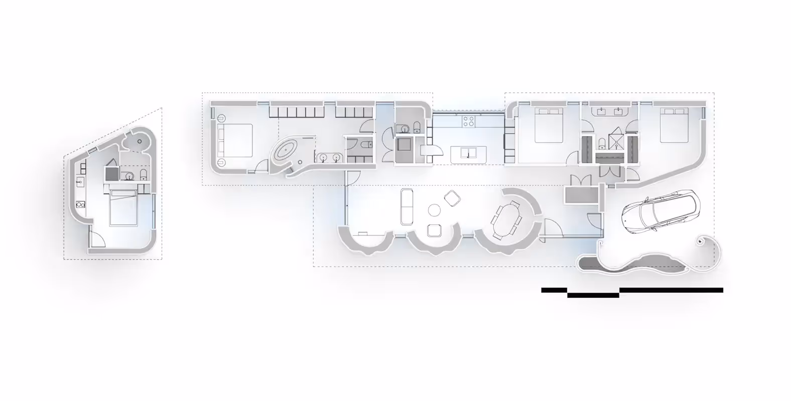 Floor plan of a modern home with curved living areas, bedrooms, kitchen, and garage with car