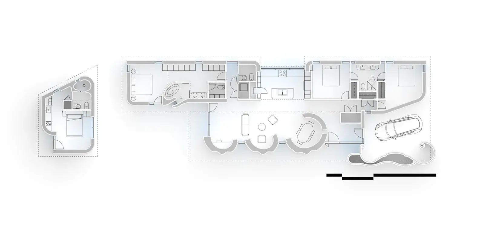 Floor plan of a modern home with curved living areas, bedrooms, kitchen, and garage with car