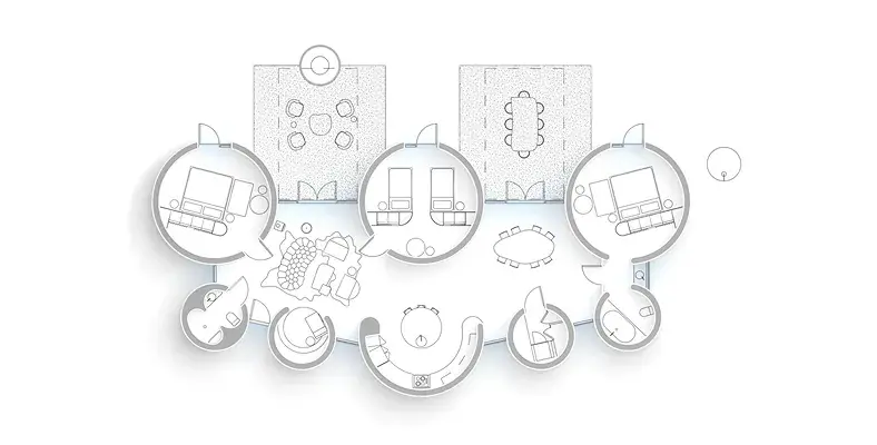 Top-down architectural floor plan of connected circular rooms with furniture and outdoor patios