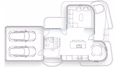Floor plan of a house with two-car garage, open living area, kitchen island, and round dining nook.