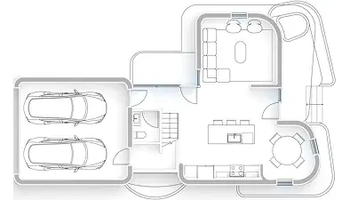 Floor plan of a house with two-car garage, open living area, kitchen island, and round dining nook.