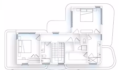 Top-down architectural floor plan of a home with three bedrooms, bathroom, and central staircase