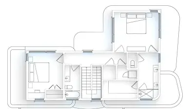 Top-down architectural floor plan of a home with three bedrooms, bathroom, and central staircase