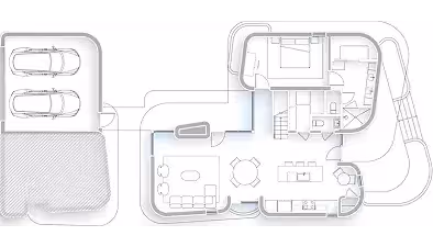 Floor plan of a modern home with garage, living room, kitchen, bedroom, and bathroom