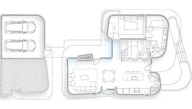 Floor plan of a modern home with garage, living room, kitchen, bedroom, and bathroom