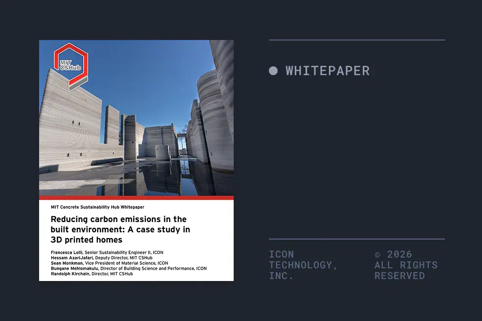 Whitepaper cover with 3D-printed concrete walls over reflective water and MIT CSHub logo