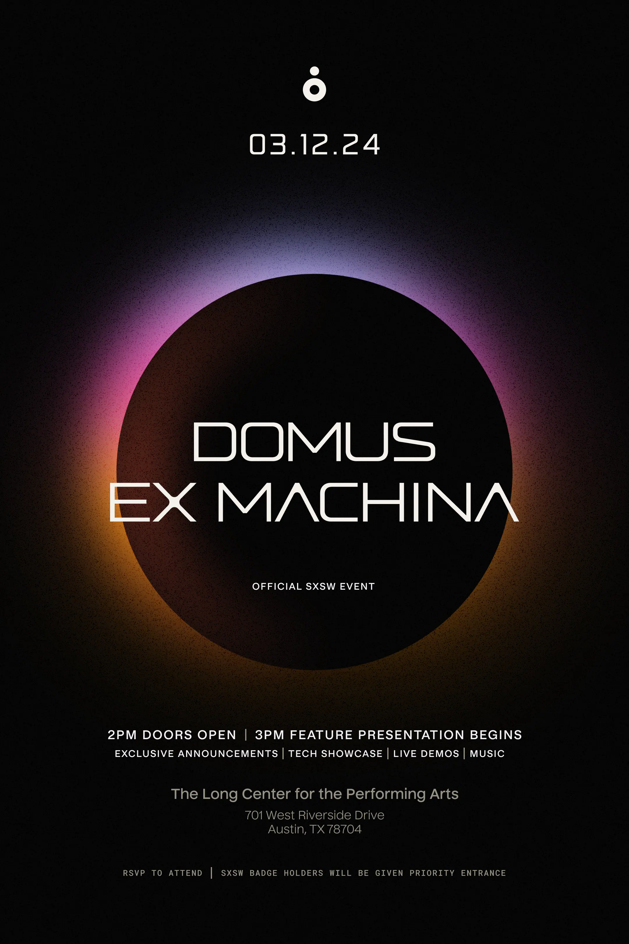 DOMUS EX MACHINA SXSW event announcement, stylized eclipse graphic, 03.12.24 date and Long Center venue