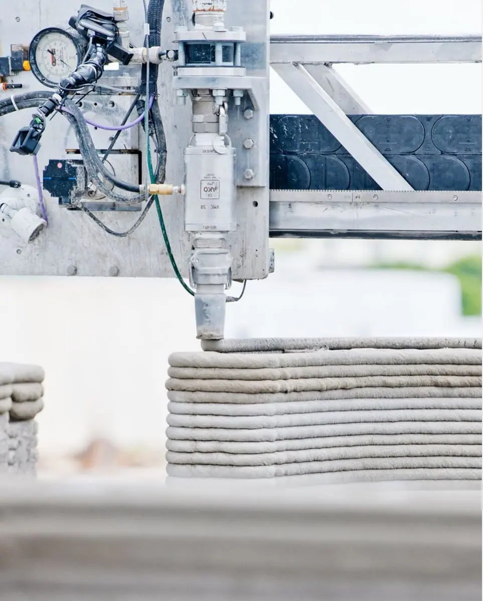 Robotic concrete printer nozzle depositing stacked layers to build a 3D-printed wall