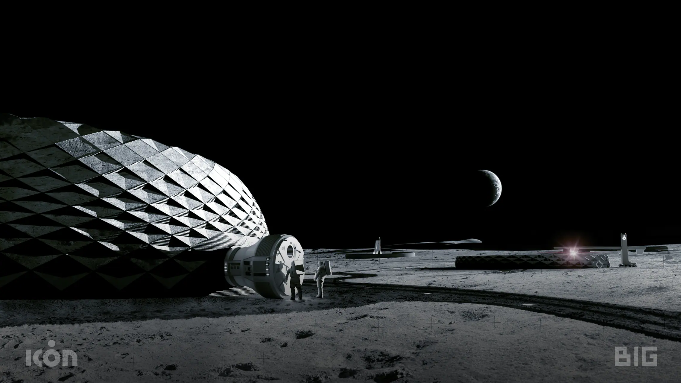 3D-printed diamond-pattern lunar habitat with astronauts and support module, illustrating robotic construction technology