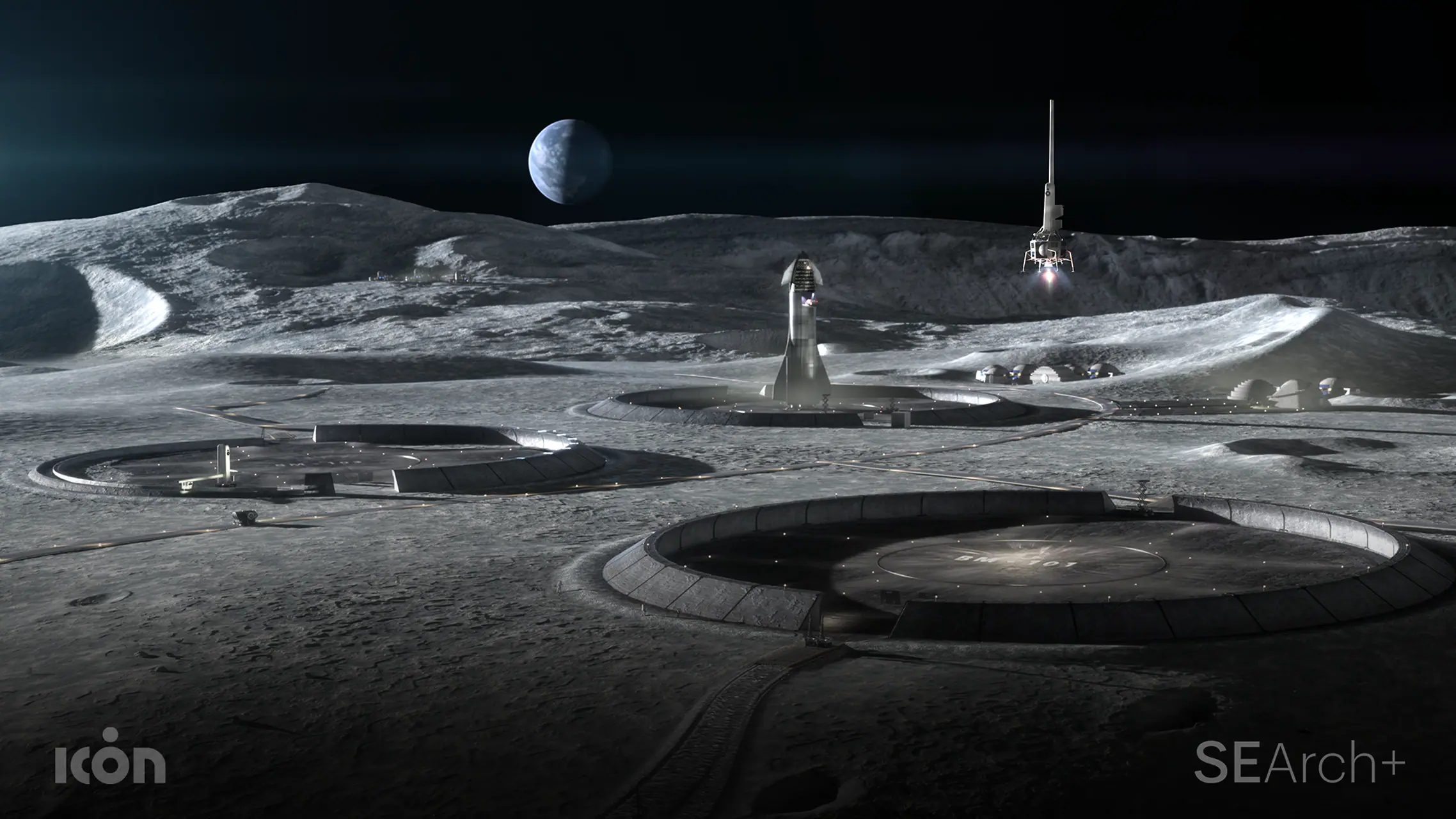 Concept lunar base with circular 3D-printed landing pads, vertical rocket and distant Earth