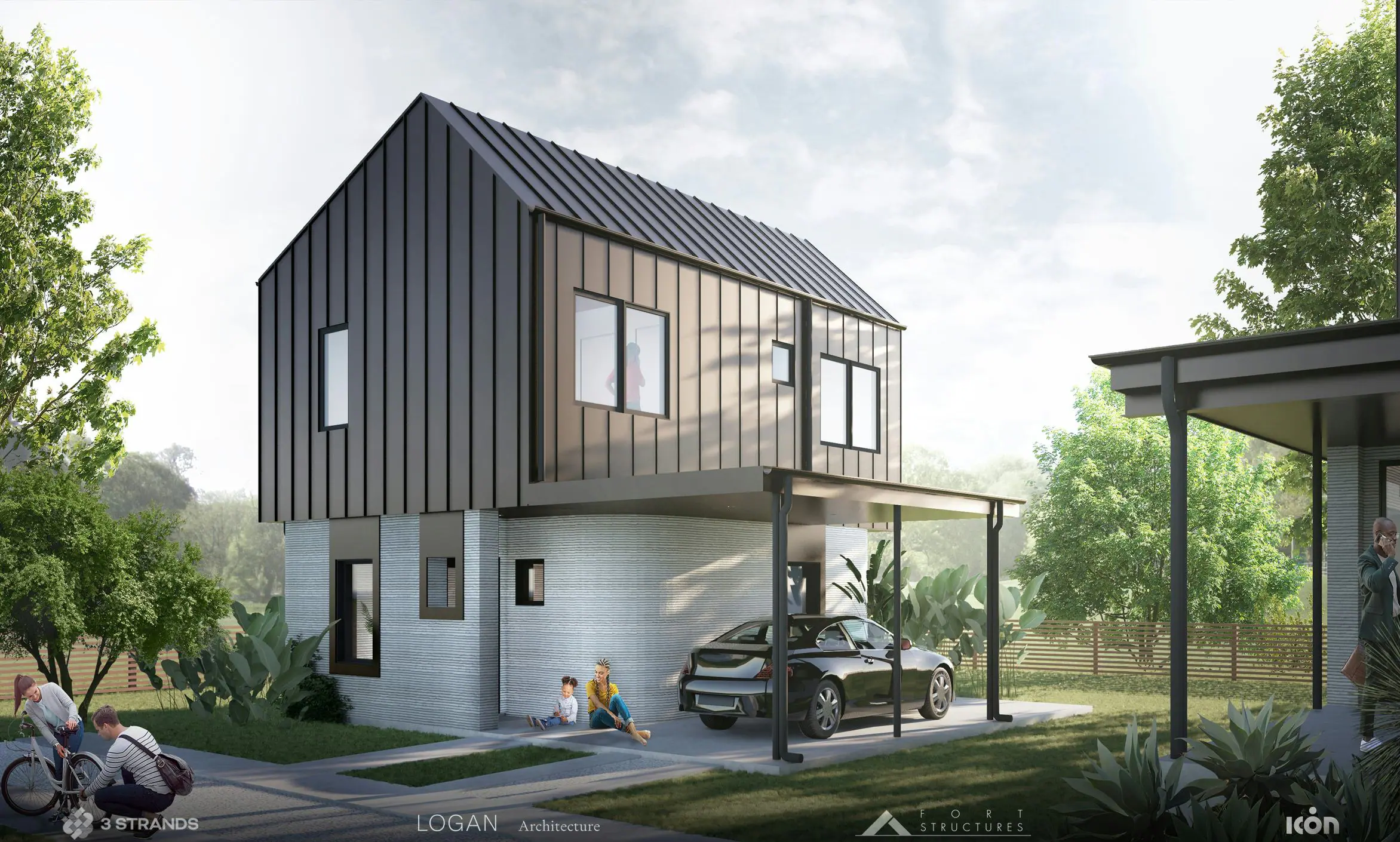 Modern two-story home with metal-clad upper volume and ribbed 3D-printed lower walls, covered carport and family at entry
