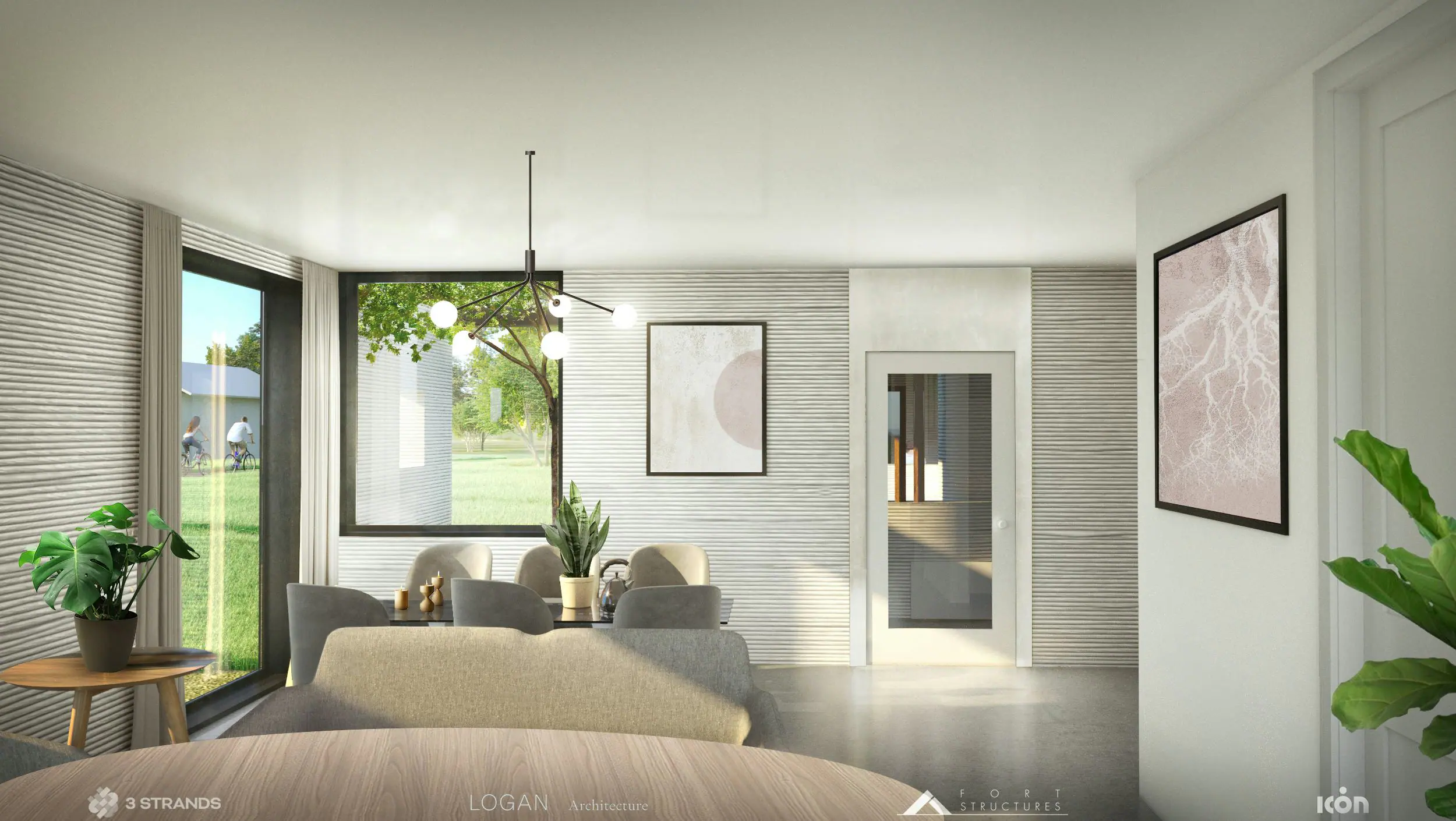 Dining room interior with ribbed 3D-printed concrete walls, pendant light, plants and large window overlooking green yard