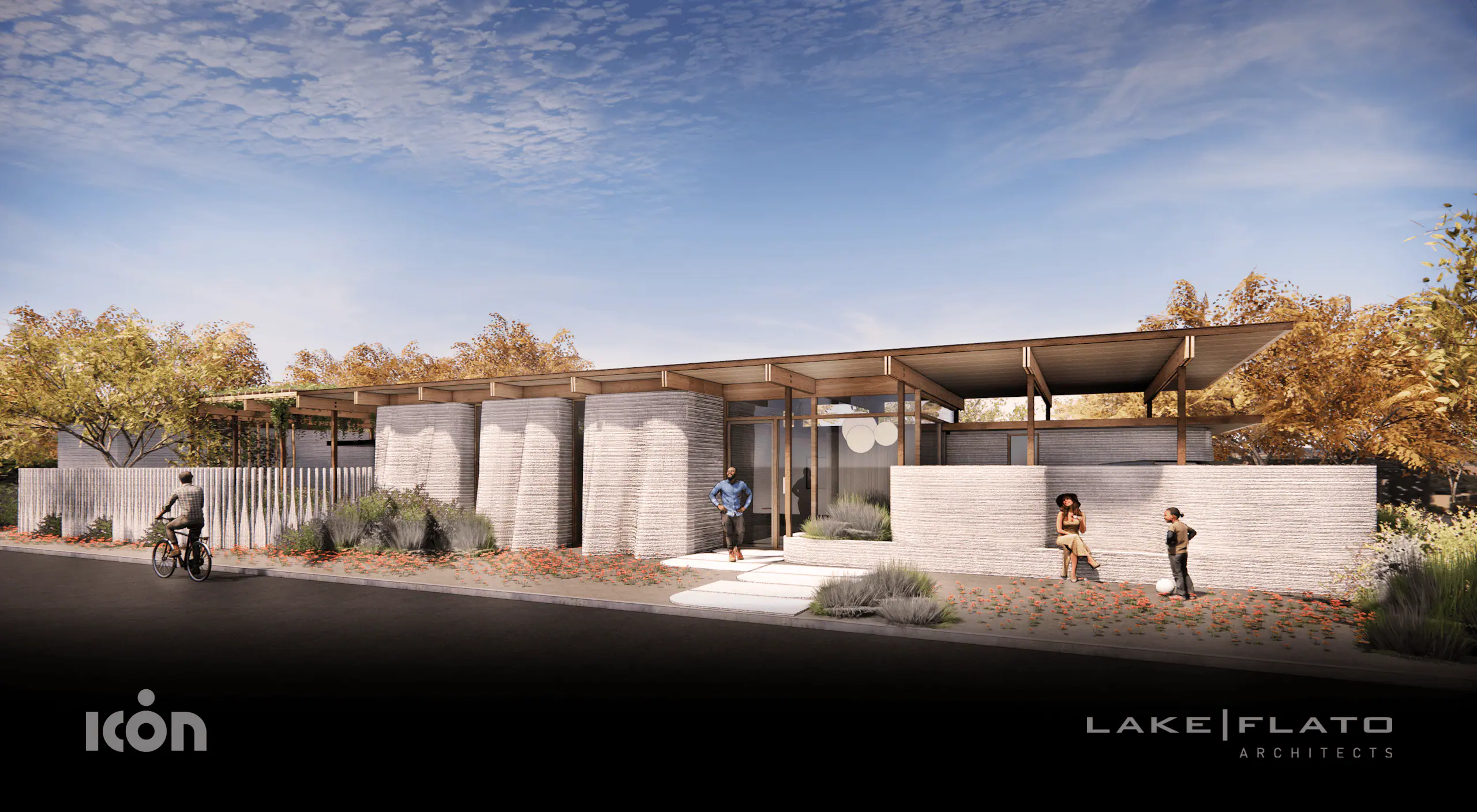 Contemporary home showcasing 3D-printed concrete walls and wood roof, landscaped frontage with people and cyclist.